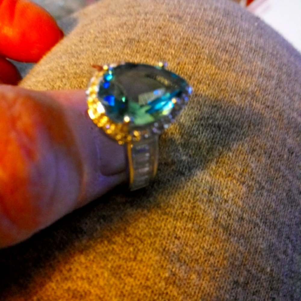 Size 8 Blue Topaz Pear Halo & Baguettes December Birthstone Ring
